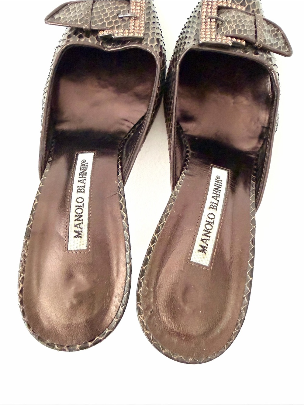 MANOLO BLAHNIK | Vintage Brown Python Snakeskin Crystal Buckle Mule Heels 39.5 - Picture 10 of 13